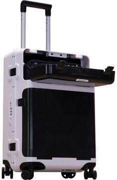 a piece of luggage with wheels is shown against a white background and has black accents