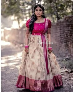 Sarees Frock Design, Traditional Dress Stitching Ideas, Pattu Saree To Long Frock, Long Skirt Blouse Designs Indian, Saree Stitched Lehenga, Traditional Dawani Designs, Traditional Skirt Top Designs, Leganha Designs Pattu, Engagement Davani Dress