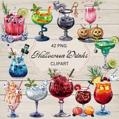 watercolor halloween drinks clipart with pumpkins, pineapples and cocktail glasses