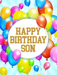 happy birthday son with balloons and stars in the sky on a blue background for greeting card or poster