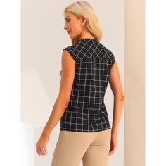 This sleeveless button-down tartan shirt exudes a classic and timeless style that never goes out of fashion. The plaid pattern adds a touch of sophistication, making it perfect for both casual and semi-formal occasions. Made from quality and breathable fabric, this summer casual shirt keeps you cool and comfortable even on hot days. The sleeveless design allows for maximum airflow, ensuring a refreshing feel throughout the day. This tartan shirt offers endless possibilities for styling. Wear it Plaid Top With Button Closure For Business Casual, Elegant Plaid Tops For Workwear, Chic Sleeveless Plaid Top, Plaid Tops For Business Casual, Plaid Short Sleeve Tops For Work, Plaid Casual Tops For Business, Plaid Button Closure Workwear Top, Chic Plaid Tops For Office, Plaid Casual Top For Business Casual