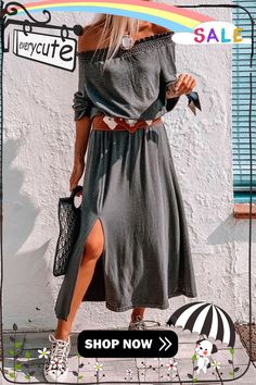 Gray Shirred Off Shoulder Maxi Dress with Split Dress With Split, Off Shoulder Maxi Dress, Women Dresses, Maxi Dresses, Dresses Maxi, Off Shoulder, Split, Maxi Dress, Grey