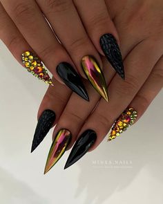 Bold Red Nails, Black And Neon Nail Designs, Gold And Black Nails Acrylics, Fall Nail Ideas 2024, Nail Inspo Stiletto, Stiletto Christmas Nails, Fall Stiletto Nails, Stiletto Nail Ideas