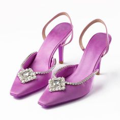 Style: pump heelsColor: purpleHeel Height: 10 cmHeel Type: stiletto heelToe: square toePlatform: without platformGender: femaleOccasion: work/ formal event/ party/ music festival/ school/ ball/ date/ wedding/ anniversary/ going out/ hanging out/ honeymoon/ red carpet/ traveling Chic Purple Slingback Pumps For Formal Occasions, Chic Purple Slingback Pumps For Formal Events, Elegant Purple Slingback Heels, Glamorous Purple Heels For Wedding, Glamorous High Heel Slingback Pumps For Dinner, Purple High Heel Shoes For Events, Purple Rhinestone Heels For Formal Occasions, Chic Purple Heels With Rhinestones, Purple Rhinestone Formal Heels