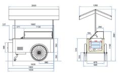 the drawing shows an image of a food cart with wheels on it and measurements for each section