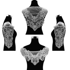 four different views of a mannequin with white lace