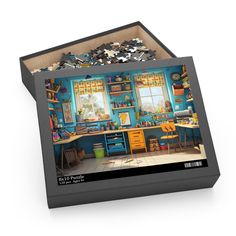 the puzzle box is open to reveal an image of a kitchen with blue walls and cabinets