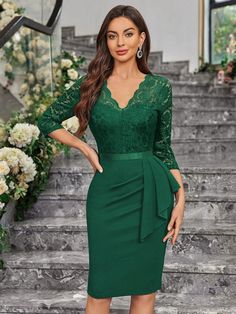 Floral Lace Bodice Ruffle Trim Cocktail Party Bodycon Dress Dark Green Elegant  Three Quarter Length Sleeve Lace Plain Bodycon Slight Stretch  Weddings & Events, size features are:Bust: ,Length: ,Sleeve Length: Summer Cocktail Attire, Emerald Green Lace Dress, Party Bodycon Dress, Elegant Bodycon Dress, Green Lace Dresses, Cocktail Attire, Mermaid Evening Dresses, Bodycon Dress Parties