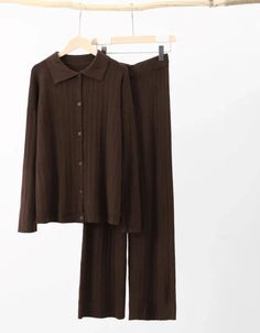 44388175380733|44388175413501|44388175446269 Brown Loungewear Sets For Fall, Brown Stretch Loungewear Sets, Brown Stretch Sets For Loungewear, Pants Suit, Chic Outfit, Casual Sets, Button Design, Straight Pants, Pants Outfit