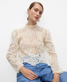 in stock Cotton Lace Blouse, High Neck Lace Top, Women Lace Blouse, Fringe Skirt, Neck Lace, Lace Shirt, Scalloped Hem, Long Blouse, Lace Blouse