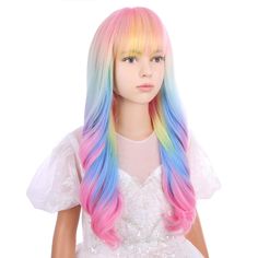 PRICES MAY VARY. 1.Color:Rainbow.(Tip: Slightly color difference between different monitors). 2.Length:56 cm/22inches. (Tip:Measured From "Crown to End"). 3.Hair Material: Heat-resistant synthetic fiber, restyle the wig below 130 degree centigrade. Density-150%, very close to your own hair, super soft and comfortable. 4.Adjustable Cap: Average size-20inches, the size could be adjusted to 19"-21".Two adjustment straps inside the wig, which can be intertwined to a fixed position to fit most head s Wigs Colorful, Colorful Wig, Rainbow Wig, Kids Rainbow, Unicorn Hair, Wig With Bangs, Rainbow Kids, Hair Cream, Rainbow Hair