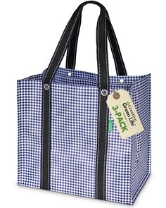 a blue and white gingham shopping bag with a tag on the front pocket