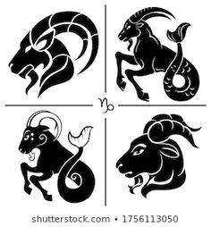 four zodiac signs in black and white, each with an animal's head on it