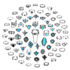 PRICES MAY VARY. Vintage Turquoise Rings Set: You will receive a set of 75 different designed knuckle rings. Including turquoise ring, crystal ring, black stone ring, snake ring, sunflower ring, sun and star ring and more. The quantity and styles are enough to meet your daily outfit matching needs, vintage and boho designs can show your personality and set off your beauty. Safe and Reliable Material: These turquoise knuckle rings are made of quality alloy, silver plated, high polished, it's comf Bohemian Blue Rings For Summer, Rings Western, Rings For Women Silver, Western Rings, Vintage Turquoise Ring, Diy Ring, Outfit Matching, Stackable Ring Sets, Black Stone Ring