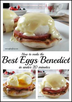 an egg benedict sandwich with eggs on top and bacon in the middle is shown here