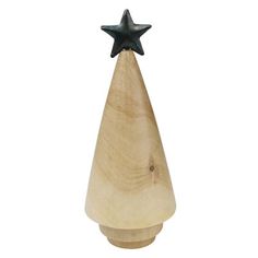 a small wooden cone with a black star on it's top, sitting in front of a white background