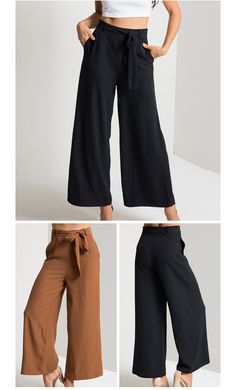 These lovely ankle pants can easily go from casual and cute to a night on the town. Featuring a zippered back with a sash belt and wide leg pants that fall just above the ankle. Made with a polyester blend these pants pair perfectly with wedges, heels or booties. Comes in two fabulous colors from which to choose. Versatile Belted Wide Leg Pants, Versatile Wide-leg Pants With Tie Waist, Fall Wide Leg Pants With Tie Waist, Trendy Tie Waist Pants For Fall, Chic Tie Waist Ankle-length Pants, Chic Ankle-length Tie Waist Pants, Wide Leg Pants With Tie Waist For Work, Workwear Wide Leg Pants With Tie Waist, Chic Ankle-length Tie Waist Bottoms