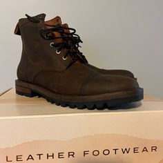 Mens Size 10. New With Packaging. Leather. Patina Breaker Boot. Winter Leather Shoes With Almond Toe, Winter Almond Toe Leather Shoes, Brown Oiled Leather Lace-up Boots With Round Toe, Leather Boots With Leather Footbed For Fall, Masculine Leather Sole Work Boots For Fall, Masculine Leather-sole Work Boots For Fall, Oiled Leather Moc Toe Moto Boots For Fall, Fall Oiled Leather Moto Boots With Moc Toe, Oiled Leather Moto Boots With Moc Toe For Fall