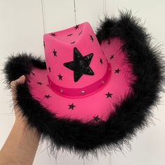 MADE TO ORDER STARGAZED -  Pink cowboy cowgirl hat with black sequin and glitter stars. Can be made in other colours on request.  Perfect for space cowboy or festival  Please note this is handmade by myself so there maybe slight flaws :) Other colour combinations available in my other listings. If you would like a custom hat in another design or colour please message me and I can see what I can make :) Decorative Cowboy Hats, Western Black Costume Hats And Headpieces For Party, Western Style Halloween Costume Hats And Headpieces, Western Costume Hats And Headpieces For Rodeo Halloween, Western Pink Costume Hats And Headpieces For Festival, Western Costume Hats For Winter Festival, Western Winter Festival Costume Hat, Western Style Winter Festival Costume Hat, Cowgirl Hats Decorated