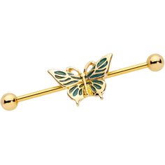 14 Gauge (1.6mm), 1 1/2" (38mm), Gold Tone PVD over 316L Surgical Grade Stainless Steel Straight Barbell, 5mm Ball Ends, Moveable Charm 14 Gauge Gold Tone Green Inlay Butterfly Industrial Barbell 38mm Go green and look beautiful doing it with this 14 gauge helix barbell! It's made with a 1 1/2" gold tone PVD over 316L surgical grade stainless steel straight barbell with 5mm ball ends. It features a butterfly charm with openwork designs on its wings. Underneath, green inlay adds color contrast an Industrial Earrings, Industrial Piercing Jewelry, Types Of Ear Piercings, Ear Piercings Helix, Barbell Earrings, Pretty Ear Piercings, Jewelry Promotion, Industrial Barbell, Industrial Piercing