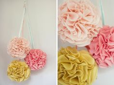 three different types of paper flowers in vases and hanging from hooks on the wall