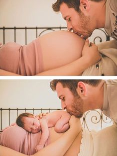 a man holding a baby in his arms and kissing it's face with the caption, pregnant bump turned into a beautiful woman