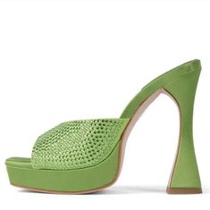 Brand New No Box So Gorgeous The Color Is Very Pretty Leather Upper Green Rhinestone Round Toe Heels, Spring Green Embellished Heels, Spring Leather Heels With Rhinestones, Green Rhinestone Heels, Platform Wedge Heels, Studded Heels, Rhinestone Heels, Size 11 Heels, Block Heel Shoes