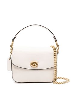 chalk white calf leather grained texture foldover top with twist-lock fastening detachable chain-link top handle single detachable top handle adjustable detachable shoulder strap slip pocket to the rear partitioned compartment internal logo patch internal zip-fastening pocket suede lining gold-tone hardware Classic White Double Flap Bag, White Evening Bag With Double Flap, White Double Flap Evening Bag, Elegant White Double Flap Shoulder Bag, White Double Flap Formal Bags, Elegant White Shoulder Bag With Cc Turnlock Closure, Classic White Bag With Cc Turnlock Closure, Chic White Double Flap Shoulder Bag, White Shoulder Bag With Cc Turnlock For Everyday Use