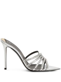 Intriigo 90mm sandals from Giuseppe Zanotti featuring silver, leather, crystal embellishment, pointed toe, branded insole and 90mm heel. Dress Reference, Giuseppe Zanotti Shoes, Silver Heels, Synthetic Fabric, Metal Hardware, Top Shoes, Giuseppe Zanotti, Women's Shoes Sandals, Baguette