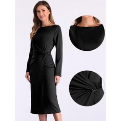 This Boat Neck Ruched Bodycon Dress features a wrap boat neck design that is not see-through, has long sleeves, and is perfect for party and cocktail events. The sheath pencil dress is extremely flattering for curvy women, with a ruched waist that adds a delicate and elegant touch. The boat neck wrap design beautifully showcases your charming collarbone. Ideal for various occasions such as work, parties, cocktails, daily wear, funerals, weddings, night outs, evenings, proms, dinners, dating, bus Bodycon Work Dress, Boat Neck Design, Work Parties, Sweater Maxi Dress, Ruched Midi Dress, Ruched Bodycon Dress, Midi Sheath Dress, Black Sheath Dress, Sweater Dress Midi