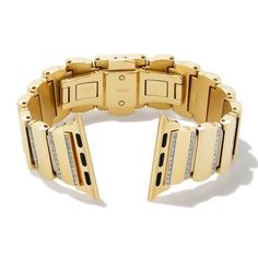 Designed to fit your Apple Watch® or Samsung Galaxy Watch®, the Leanor Gold Tone Stainless Steel Watch Band in Clear Crystal features gold tone stainless steel links, lined with clear crystal studs for the perfect combination of sparkly and sleek. To switch up your band, simply press down on the easy release mechanism and then align each new band to the pin holes on either side of the watch. Metal: Gold Tone Stainless Steel Compatibility: Compatible with Apple Watch® Series 1-9, Apple Watch® Ult Elegant Gold Metal Apple Watch Band, Luxury Gold Metal Watch Bands, Elegant Gold Stainless Steel Apple Watch Band, Timeless Gold Bracelet Strap Apple Watch Band, Modern Gold Watch Accessories With Diamond Hour Markers, Luxury Gold Diamond Watch In Stainless Steel, Luxury Gold Diamond Watch With Stainless Steel, Modern Gold Metal Watch Accessories, Modern Gold Diamond Watches