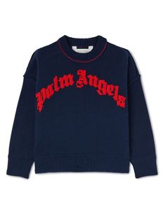 navy blue cotton intarsia-knit logo crew neck drop shoulder long sleeves ribbed cuffs and hem Archive Pieces, Cute Online Clothing Stores, Angel Kids, Winter Shopping, Logo Azul, Knit Logo, Logo Knit, Cotton Jumper, Kenzo Kids