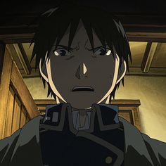 an anime character with black hair and eyes looking at the camera while standing in front of a doorway