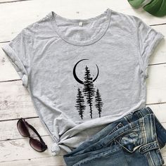 Moon Pine Trees Shirt Adventureshirts Hikingtees Outdoor Shirt Women Trendyfashioncasualaestheticarttops Summer Moon Print Crew Neck Top, Casual Spring Tops With Moon Print, Casual Moon Print Tops For Spring, Casual Short Sleeve T-shirt With Moon Print, Summer Short Sleeve Top With Moon Print, Trendy Moon Print Crew Neck Top, Trendy Cotton T-shirt With Moon Print, Trendy Crew Neck Top With Moon Print, Trendy Spring Tops With Moon Print