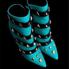 These So Much Fun! These Began As An Excellent, Nearly Never Worn All Black Heeled Booties With Side Zipper Size 9. I Then Proceeded To Custom Paint Them This Teal Green And Further Accent Them With Gold Studs Throughout . The Heels Are About 2 Inches High. I Completely Re-Painted The Bottoms Black To Be All New! All Of My Custom Creations Are One Of A Kind Creations Using What Materials We Already Have On This Planet To Feed Our Designer Fix But Without Contributing Further To Global Warming Or Bold Pointed Toe Boots For Parties, High-top Spiked Party Boots, Bold Ankle Boot Heels For Party, Bold Leather Boots For Party, Chinese Laundry Heels, Ankle Strap Sandals Heels, Wearing All Black, Leather Heels Sandals, Suede Lace