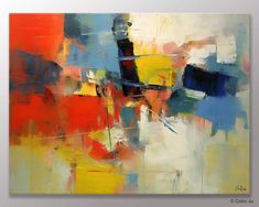 an abstract painting with yellow, red and blue colors