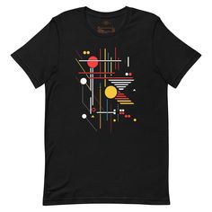 a black t - shirt with an abstract design on the front and back, featuring geometric shapes