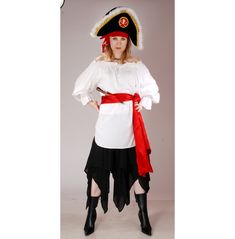 a woman in a pirate costume posing for the camera with her hands on her hips