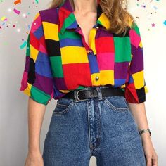 90S AESTHETIC RAINBOW PLUS SIZE BLOUSE - Cosmique Studio Blouse Aesthetic, Style Année 80, 80s Inspired Outfits, Look 80s, Preppy Mode, Aesthetic Rainbow, Y2k Aesthetic Fashion, Aesthetic Clothing Stores, Colorful Outfits