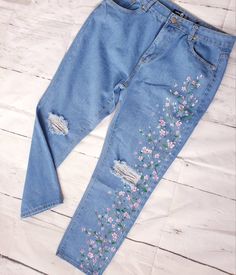 Blossom Painted Jeans Flowers on Jeans Denim Clothes Upcycle - Etsy Spring Embroidered Denim Blue Pants, Casual Floral Print Straight Leg Jeans, Casual Straight Leg Floral Print Jeans, Casual Floral Embroidered Pants For Spring, Denim Blue Pants With Floral Embroidery, Floral Embroidery Denim Pants In Blue, Denim Pants With Floral Embroidery In Denim Blue, High-rise Cotton Jeans For Spring, Spring High-rise Cotton Jeans