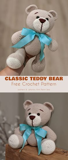 a crocheted teddy bear sitting on top of a wooden box with the text classic teddy bear free crochet pattern