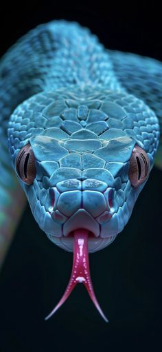 a blue snake with its mouth open and it's tongue hanging out to the side