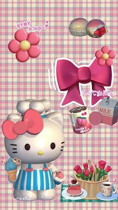 a hello kitty wallpaper with pink bows and other items