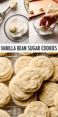 vanilla bean sugar cookies are cooling on a rack and being frosted with icing