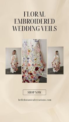 an advertisement for floral embroidered wedding veils