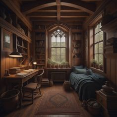 a bedroom with wooden walls and flooring has a bed, desk, bookshelf and window