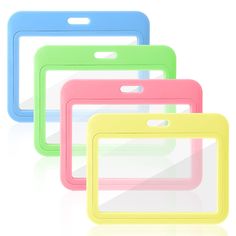 four different colors of plastic frames on a white surface with reflection in the middle and bottom