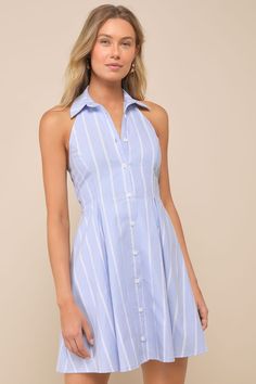 From the Hamptons to Monaco, stay picture-perfect in the Lulus Posh Beauty Light Blue Striped Collared Halter Mini Skater Dress! Lightweight, linen-inspired fabric (with a white striped design) shapes this chic little dress with a collared halter neckline and a princess-seamed bodice with an open-back design. The high, fitted waist sits atop a skater skirt with box pleats and a cute mini hem. Hidden back zipper/clasp. Striped Linen Dresses For Vacation, Chic Blue A-line Shirt Dress, Cotton Collared Mini Dress For Day Out, Collared Cotton Mini Dress For Day Out, Casual Blue A-line Shirt Dress, Striped Shirt Dress For Summer Day Out, Cotton Mini Shirt Dress For Summer, Light Blue Shirt Dress For Summer Beach, Collared Summer Dresses For Daywear