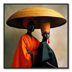 two african women with large hats on their heads, one in orange and the other in black