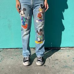 Light Wash Denim Jeans Mickey Mouse Applique Patches Size M Mickey Mouse Applique, Mouse Applique, Light Wash Denim Jeans, Applique Patches, Appliqué Patch, Cute Disney, Light Wash Denim, Too Cute, Denim Jeans